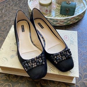 Jeweled black slip on flats